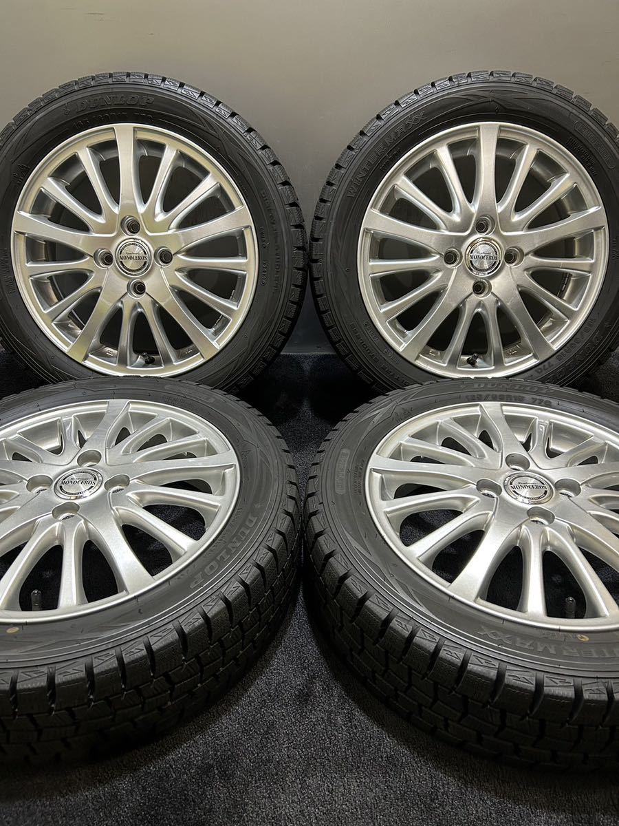 165/60R15 DUNLOP/WINTER MAXX WM01 19年製 MONOCEROS 15インチ 4.5J ＋45 100 4H スタッドレス 4本 ハスラー フレア (南2-D837)_画像1