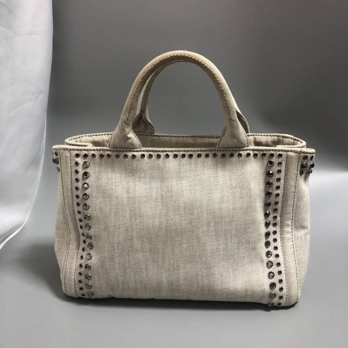 PRADA プラダ CANAPA カナパ トートバッグ 2WAY ショルダーバッグ デニム ビジュー スタッズ NUBE ライトグレー BN2439 中古