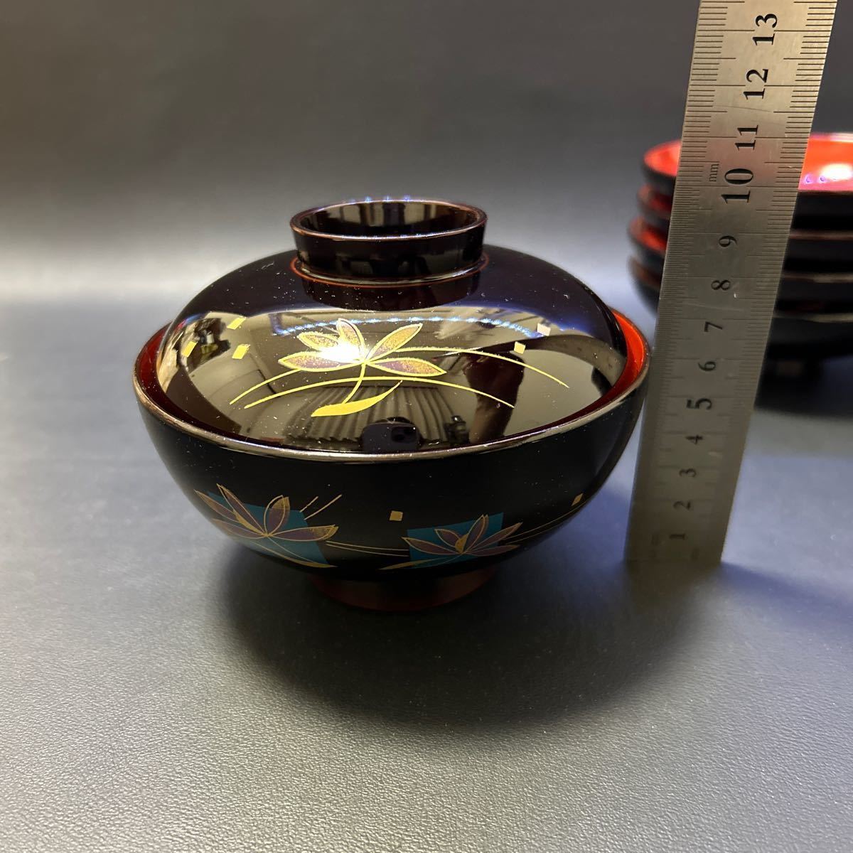 T 吸物椀 合成漆器 会津塗　吸物椀5客組　サイズ:直径12cm、高さ9cm(蓋含む) 木箱あり_画像7