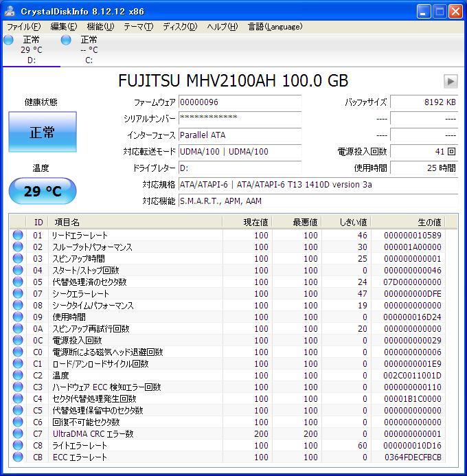 FUJITSU (MHV2100AH) 100GB 5400rpm 8M * use 25 hour *