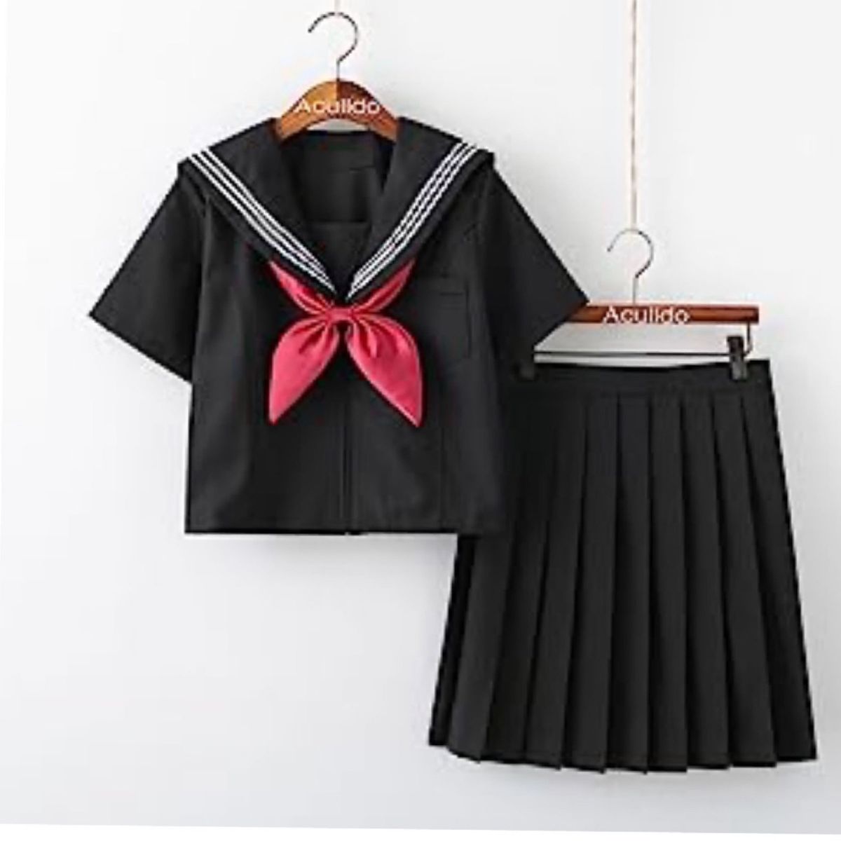 【未使用】セーラー服  半袖 金魚結び スカート 3点セット コスチューム ブラック 黒(XLサイズ)