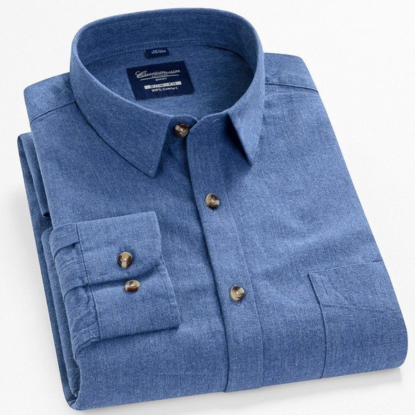 41/XL 無地ブルー ネルシャツ ストライプシャツ チェックシャツ メンズ 長袖 ストライプ柄 チェック柄 柔らかい ポケット_画像1