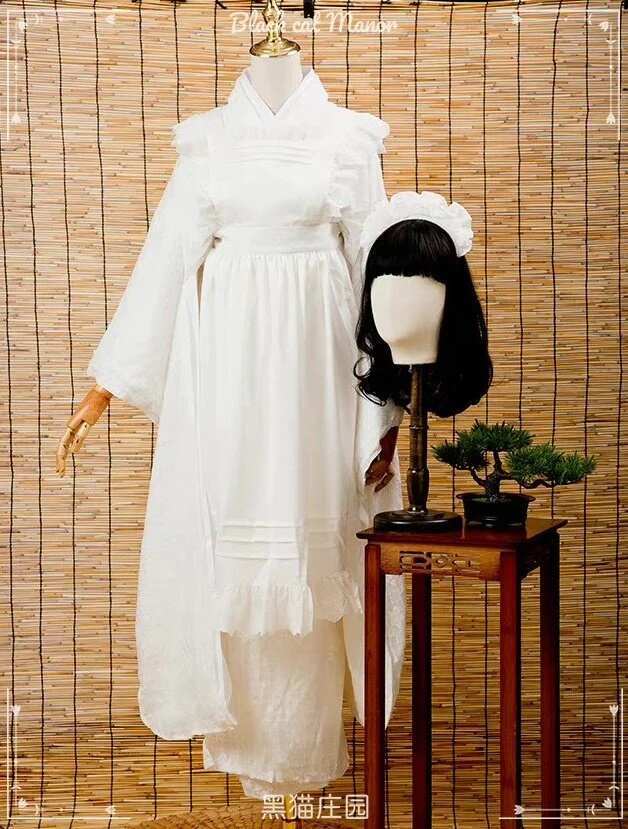 Black cat Manor 墨雪 和装メイド / 白 ブラックキャットマナー 振袖 着物 和風メイド服 [B57744]