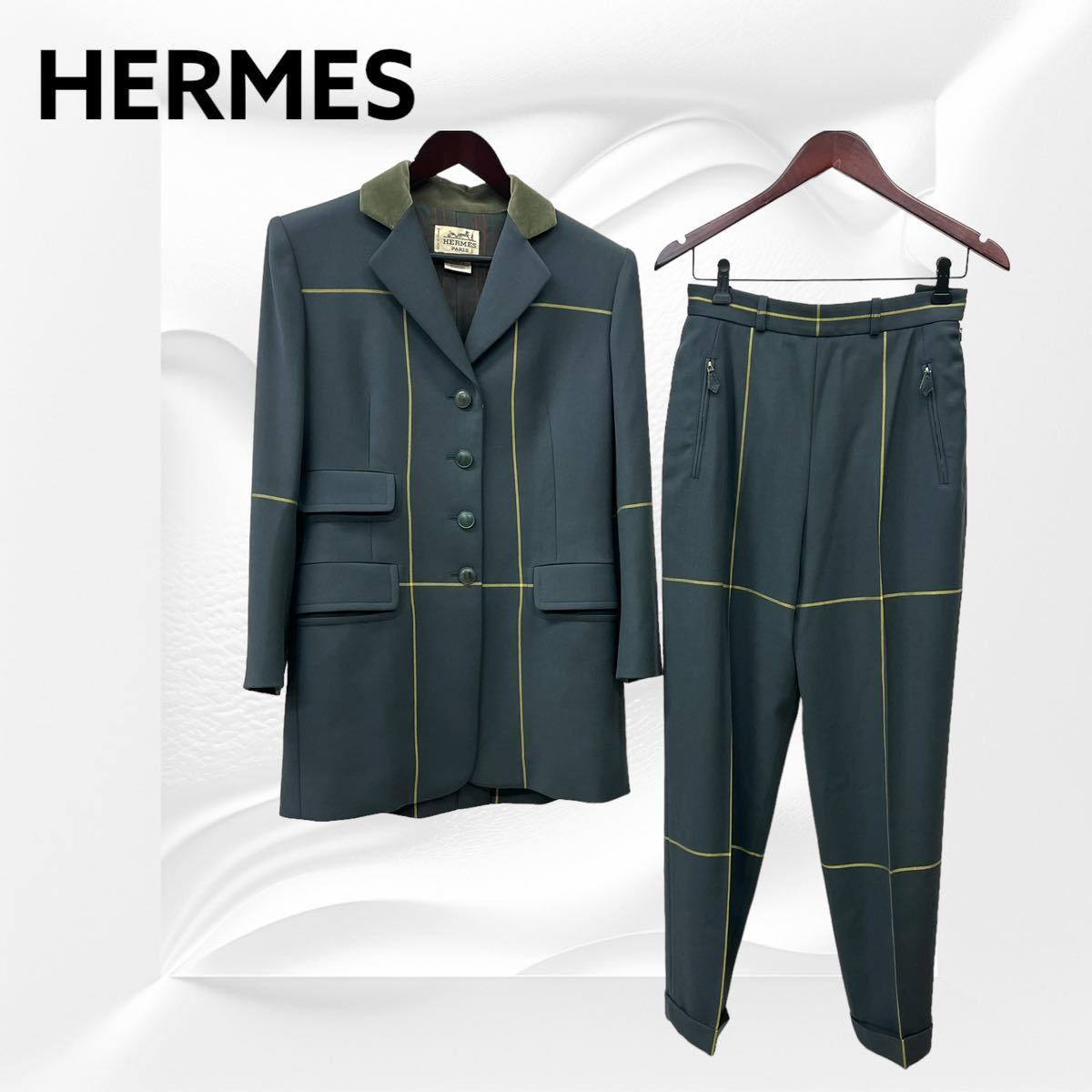 高級 HERMES エルメス ヴィンテージ オールド 襟ベロア切替 ウール テーラードジャケット＆スラックスパンツ セットアップ スーツ_画像1