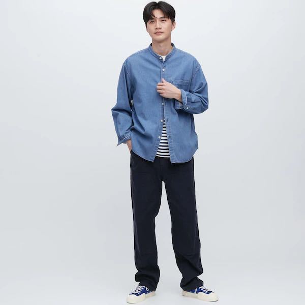 新品　ユニクロ　デニムオーバーサイズスタンドカラーシャツ（長袖）XL ブルー