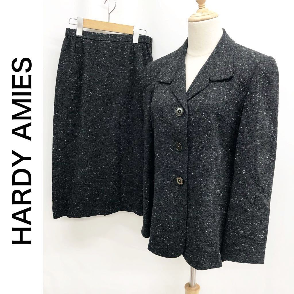 HARDY AMIES ハーディエイミス セットアップ スーツ ジャケット 総裏地 スカート シルク混 ウール混 カジュアル ブラック 黒 サイズ9 M_画像1