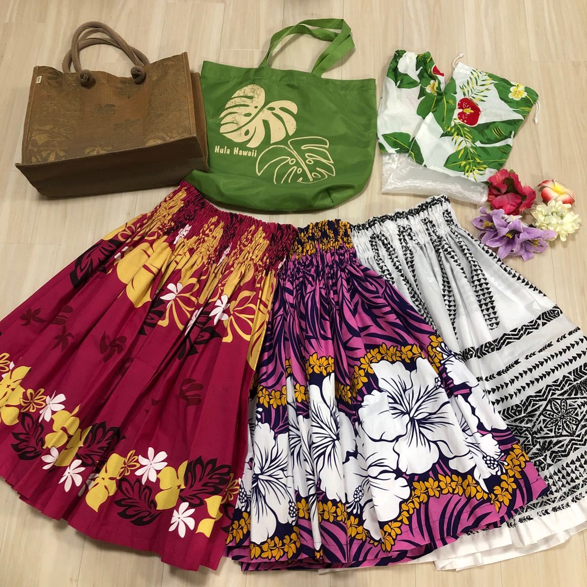 【在庫処分】 パウスカート フラダンス ピンク レッスン パウケース 3着 白 フラダンス