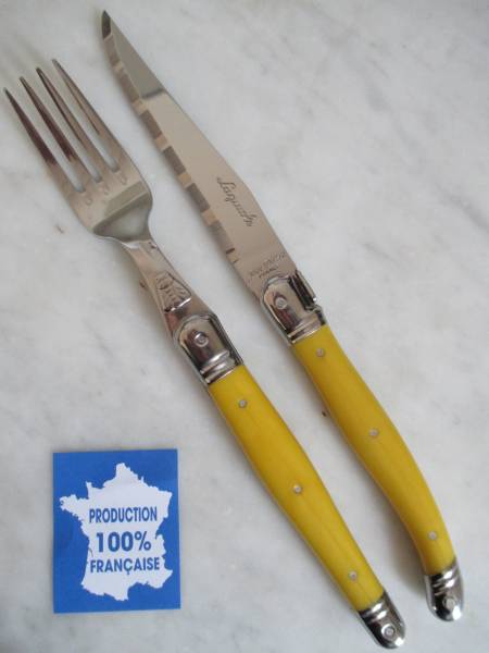 . made lagi all yellow color Laguiole knife & Fork lagi all new goods laiyo-ruJeanDubost France cutlery 1.5mm width stainless steel French Italian 
