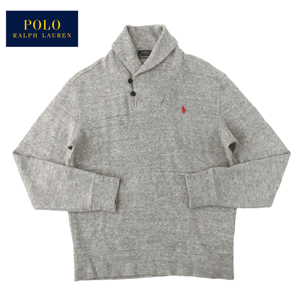 POLO RalphLauren ジャージニットスウェット ショールカラー ポニー刺 グレー 綿100 (M)_画像1