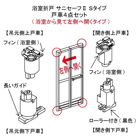 サニセーフⅡ折戸Ｓタイプ左用 ＹＫＫ浴室折戸部品　上下セット( 4個) ＨＨＸ-0086　浴室折戸4点セット　左側固定　新品　（最安値）_ＨＨＸ-0086　左用タイプです。