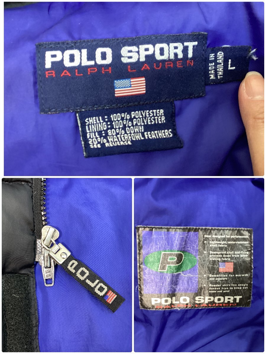 ■ヴィンテージ 90s POLO SPORT ポロ スポーツ ダウンジャケット 内側ブルー フェザー アウター 防寒 アメカジ 古着 サイズL ブラック■_画像6