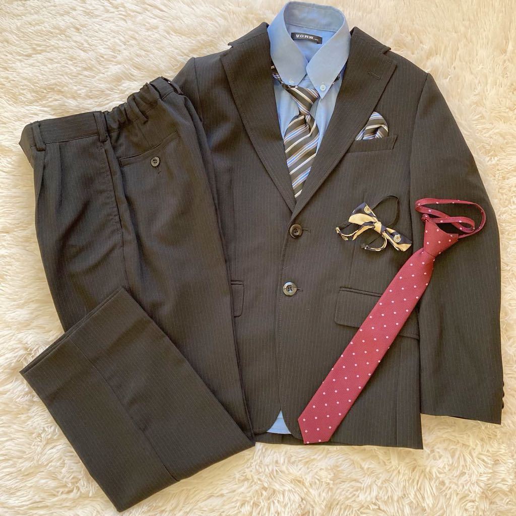 【完成品】V.O.W.W タキヒヨー ストライプスーツセット ブラック 140cm 男の子 ネクタイ 定番スーツ お受験 卒業式 フォーマル