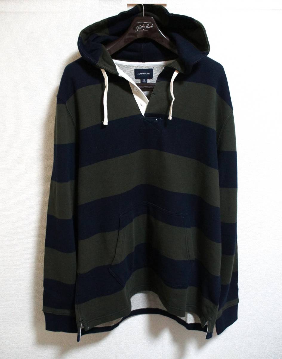 【新品】サイズ:XL J.CREW JEANS ジェイクルー ジーンズ French Terry Rugby Hoodie ラグビー パーカー ダークモス/ネイビー 2_画像2