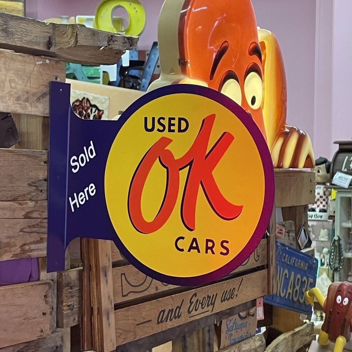 USED CAR OK ラウンド フランジ サイン 看板 メタル ブリキ 垂直 壁面 店舗 アドバタイジング_画像1