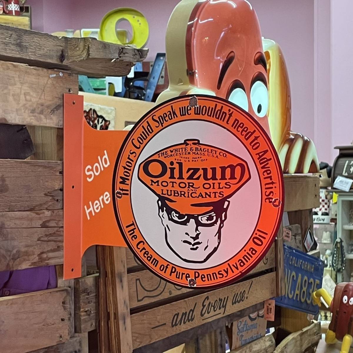 OILZUM ラウンド フランジ サイン 看板 メタル ブリキ 垂直 壁面 店舗 アドバタイジング オイルザム_画像1