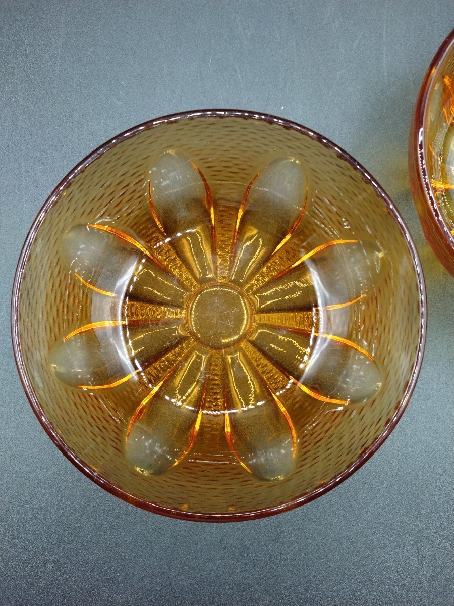 昭和レトロ アンバーガラス 器 2個 ガラス 皿 サラダボウル プレスガラス