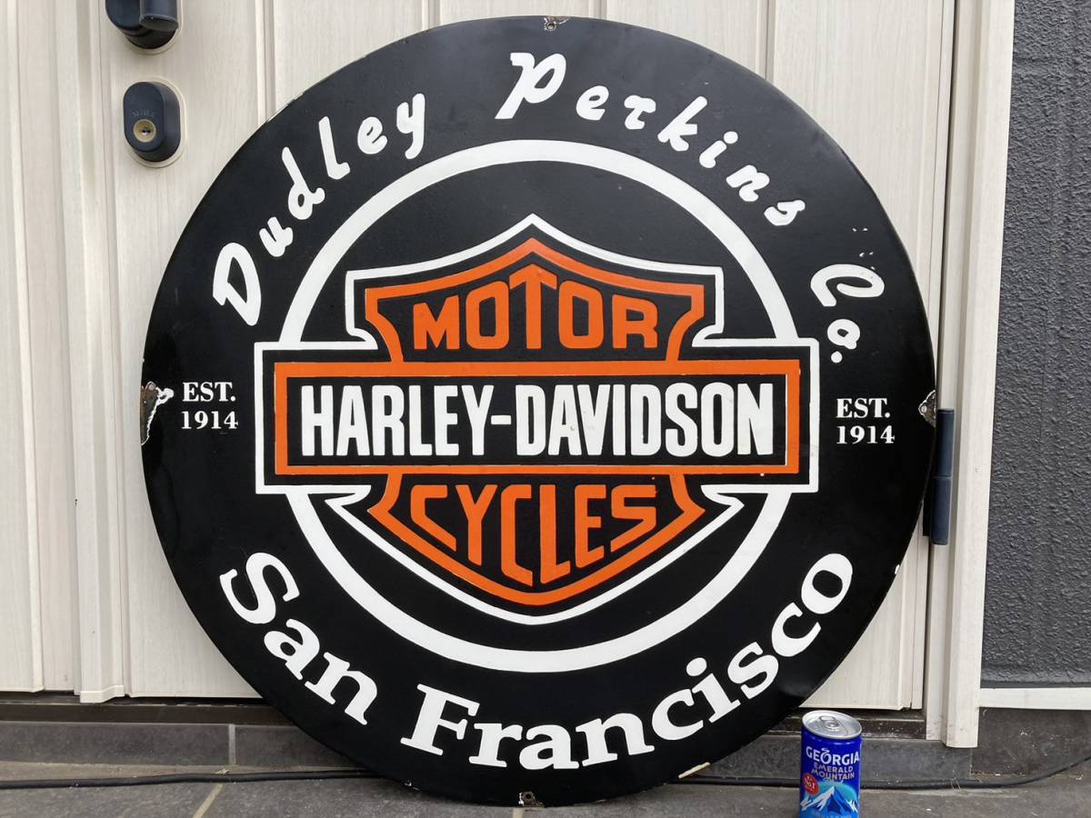 ビンテージ 大型 看板 Harley Davidson ハーレーダビッドソン 直径76cm / ガレージ ホーロー看板 アメリカ 世田谷ベース