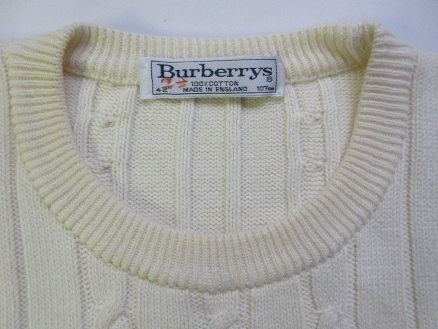５５６　バーバリー　イギリス製　オフホワイト　縄編み模様　長袖　綿ニットセーター　42サイズ_画像5