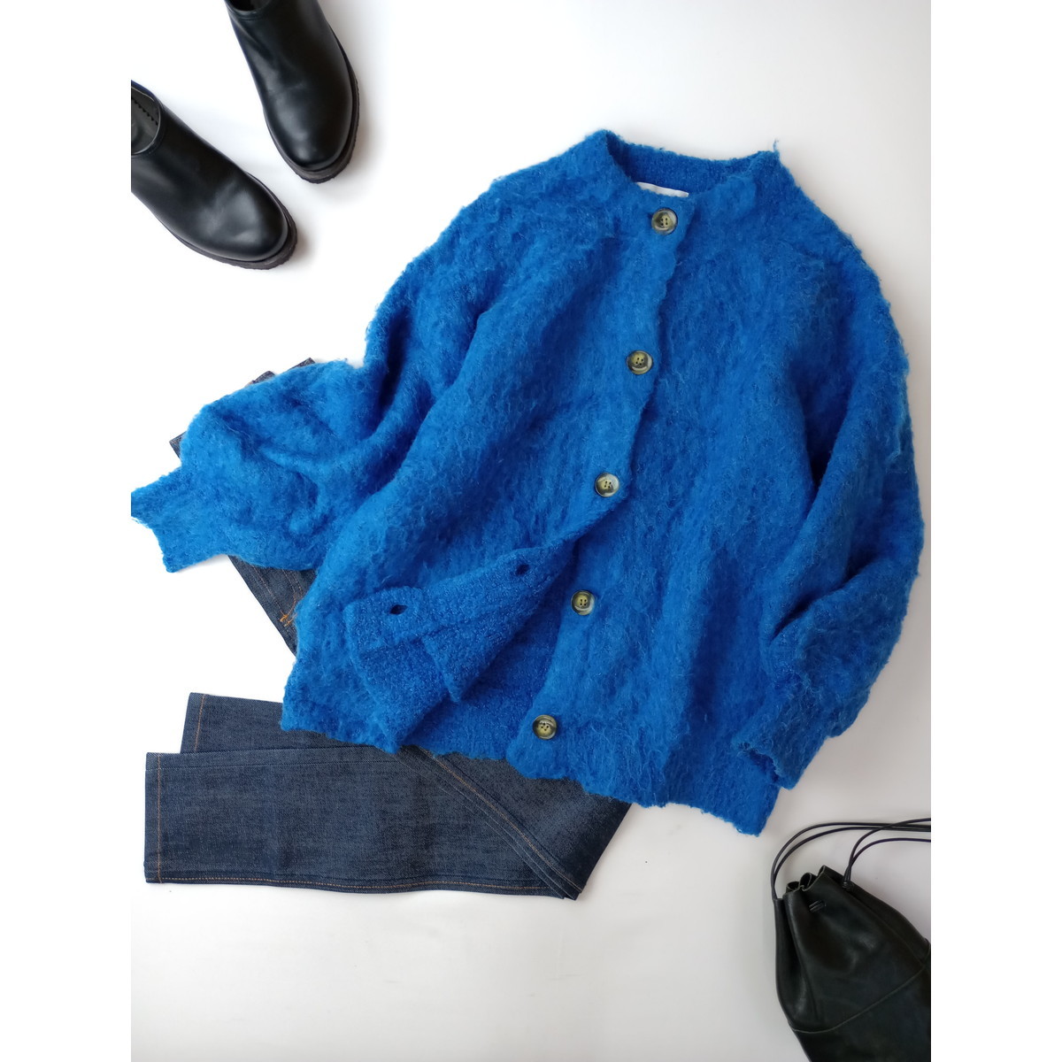 22AW Simplicite シンプリシテェ 冬の装いを華やかに ウール混 ニット カーディガン 羽織 青 ブルー (35S+1120)_画像1