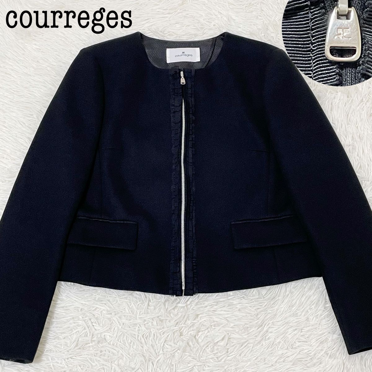 クレージュ　ノーカラージップジャケット　レース　ブラック　size38 courreges ロゴ　セレモニー　フォーマル　レース