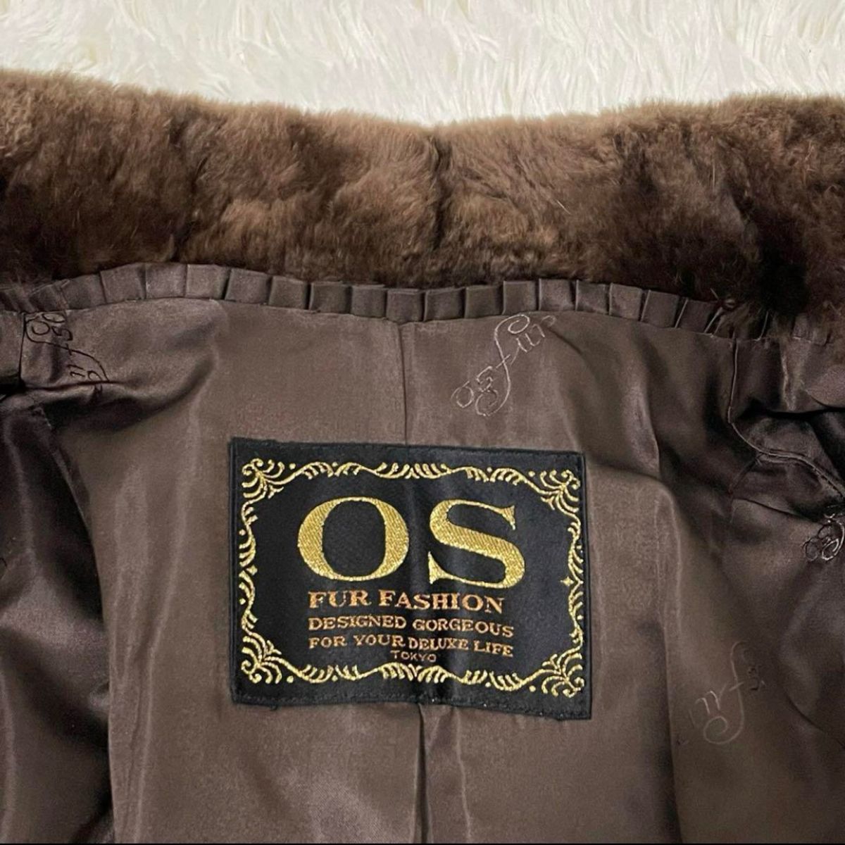 OS FUR FASHION リアルファーコート　ティディベア　ロングコート ブラウン　毛皮 ベルテッド　裏地総柄