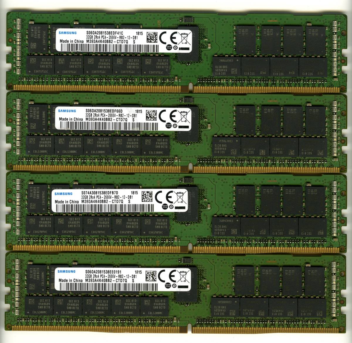 【RDIMM】DDR4-2666、ECC Registered、32GBの4枚セットで128GB、中古 　Samsung　　　reg サーバー用　Z4G4で動作確認済み　1815-2_一般的なPCでは動きません。サーバー用。