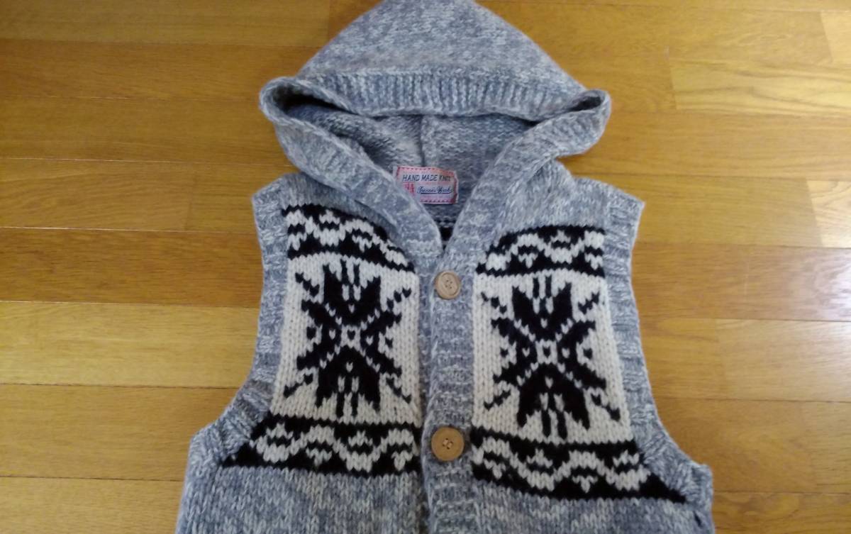 hand made knit ウール セーター フード ベスト 送料1000円～_画像3