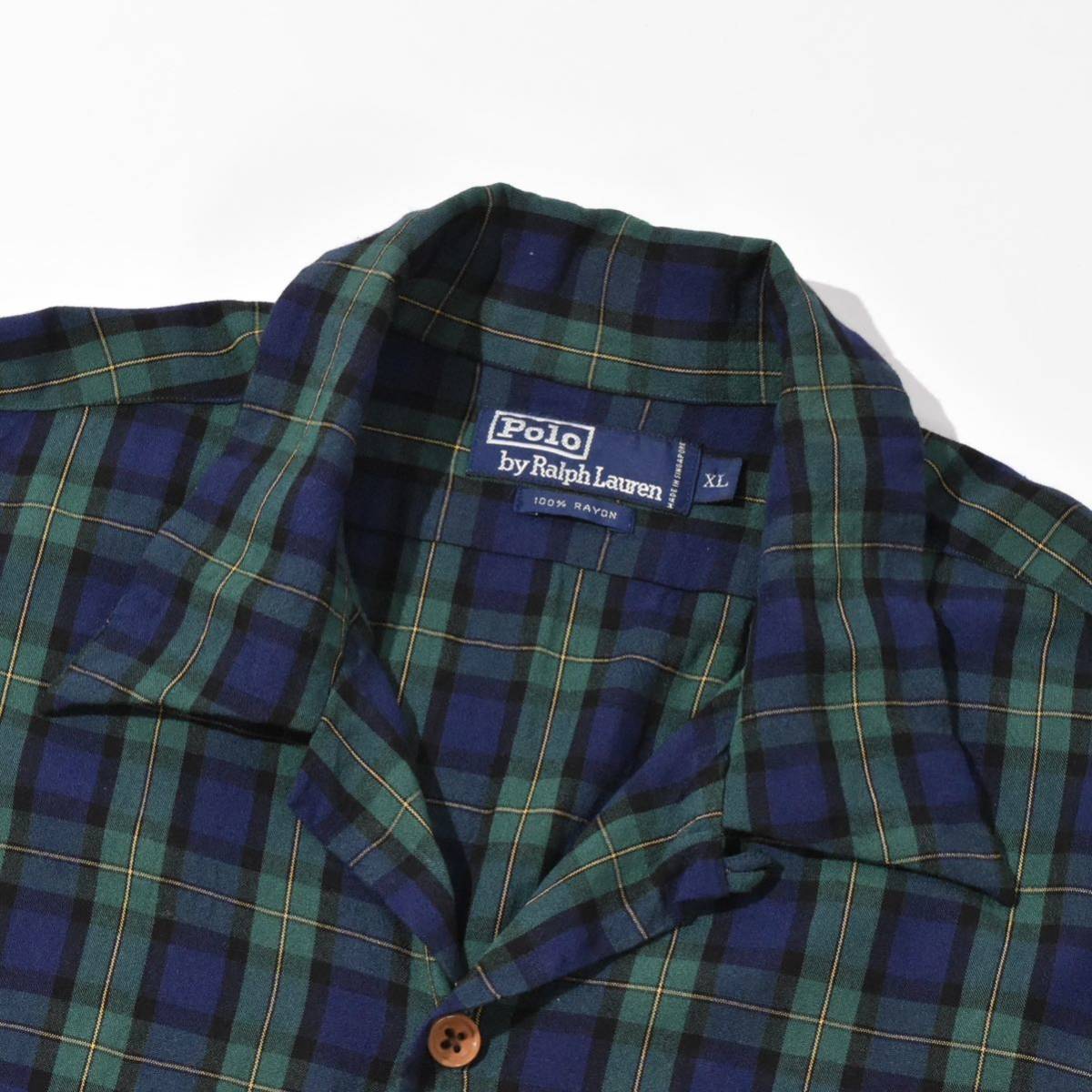 90s Polo Ralph Lauren Shirt RAYON CHECK GREEN NAVY BLUE XL ラルフローレン オープンカラー 長袖シャツ レーヨン グリーン ネイビー_画像4