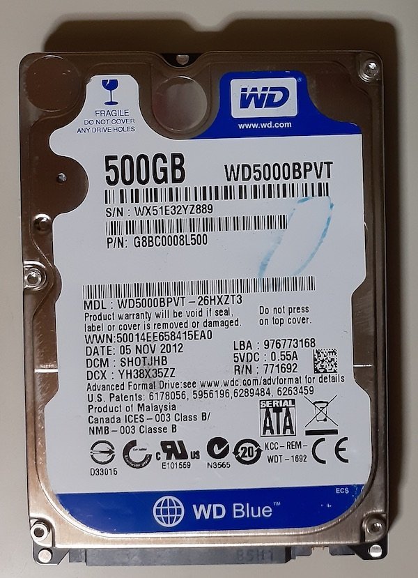 3983 2.5インチ内蔵SATAハードディスク 9.5mm 500GB WD5000BPVT-26HXZT3 5400rpm 正常 1717時間 NEC LaVie 2012年10月モデル Windows8入り_画像1