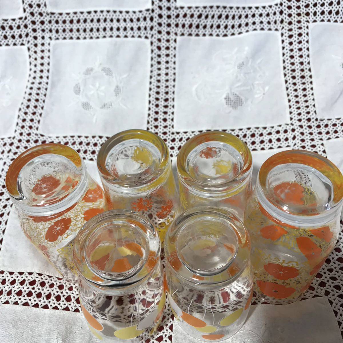 C80 昭和レトロ ガラスコップ 3種6点セット オレンジ系 フラワープリント レトロポップの画像6