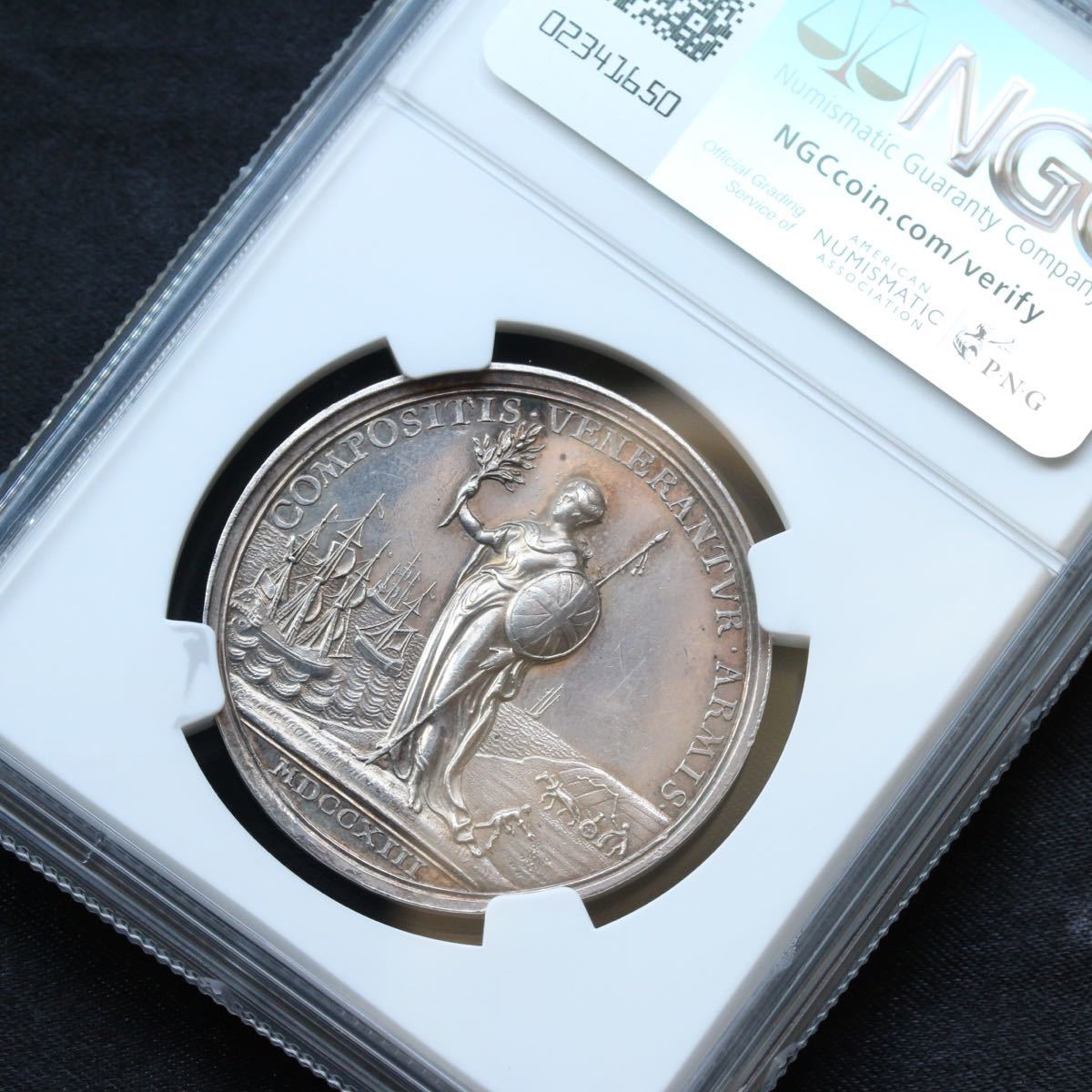 1713年　アン女王　イギリス　【ユトレヒト条約 締結記念】　銀メダル NGC AU58 英国 ブリタニア アンティーク コイン 金貨 銀貨　シルバー_画像9