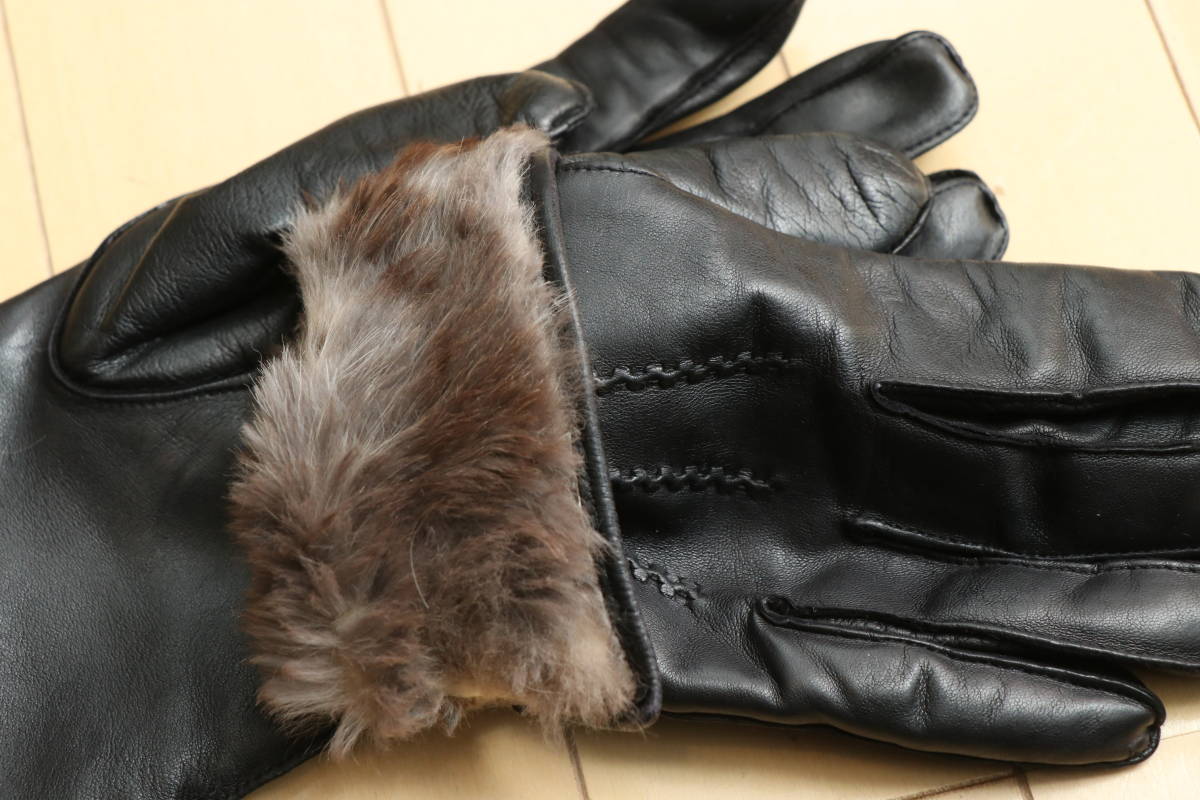 DUNHILL ダンヒル レザーグローブ 英国製 冬物 本革/ラビットファー革手袋 sizeS(日本サイズ M~L程度）ブラック _画像9