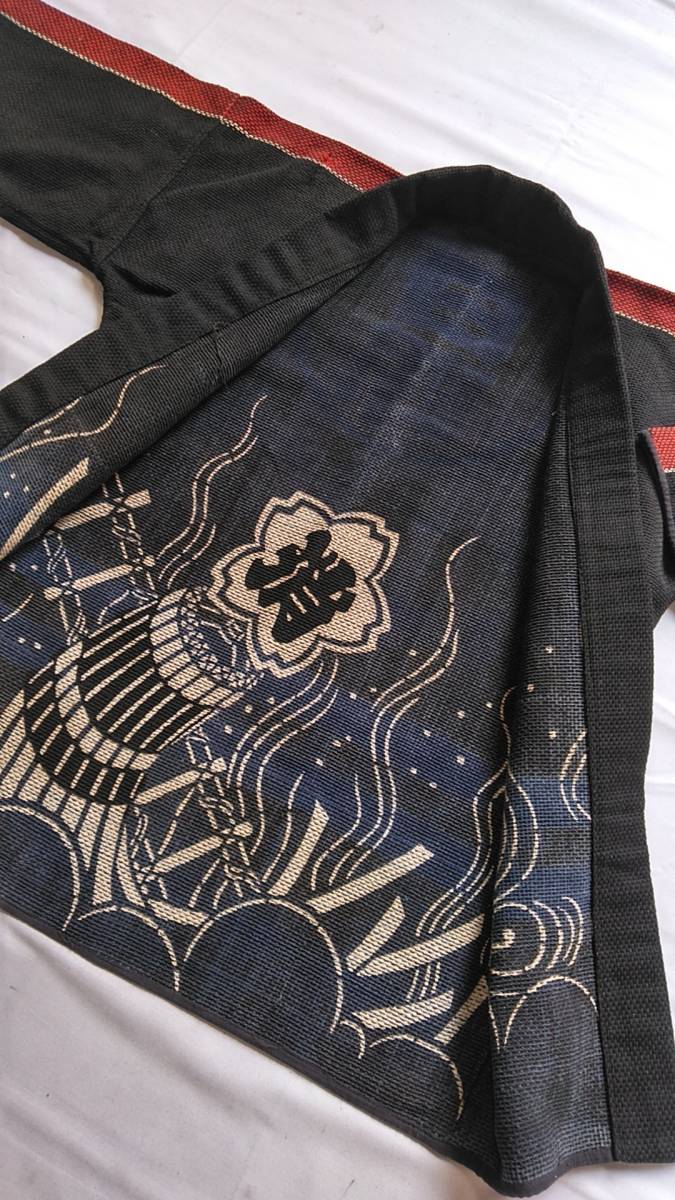 古布レトロ木綿刺し子消防服半纏裏地模様纏柄青色黒色リメイク-日本