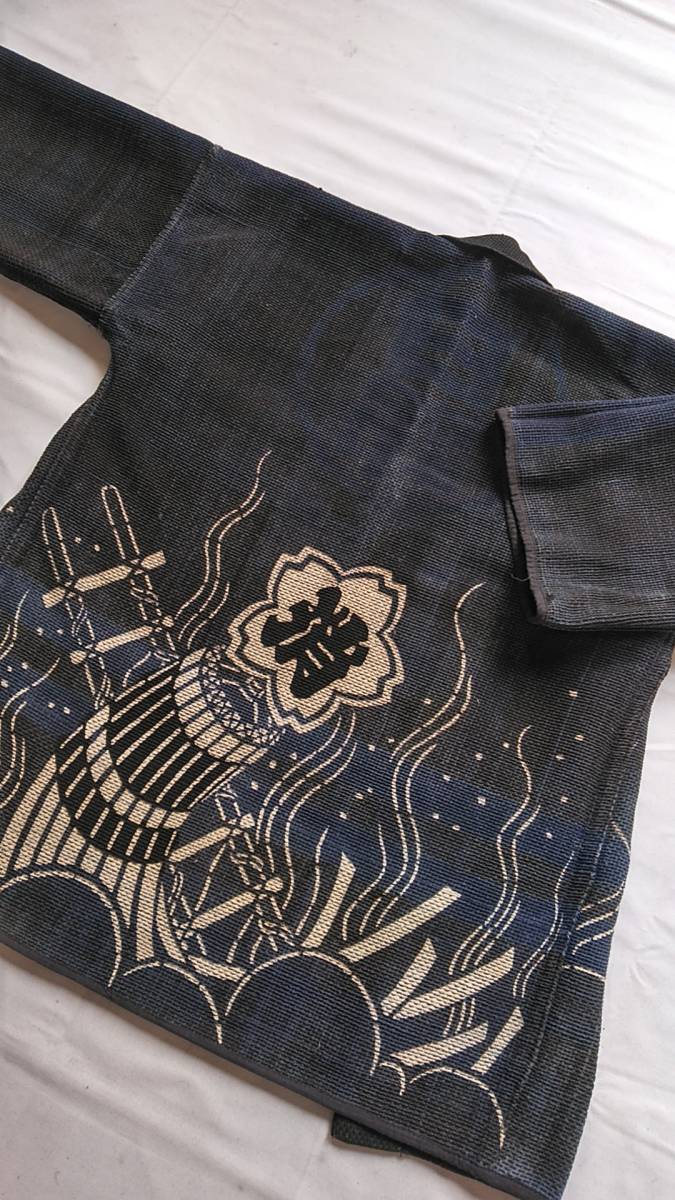 古布レトロ木綿刺し子消防服半纏裏地模様纏柄青色黒色リメイク-日本