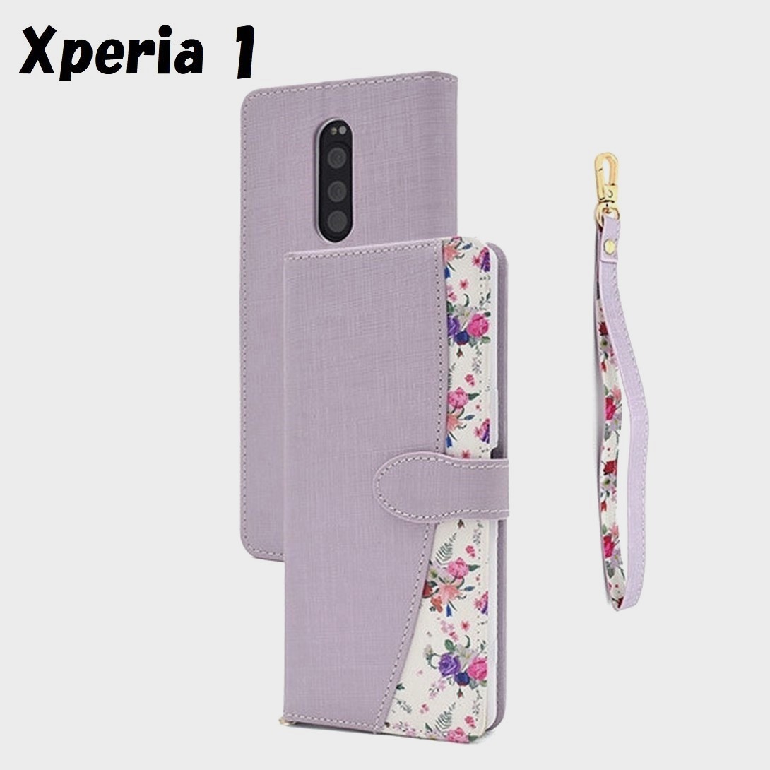 Xperia 1：無地×ブーケ フローラル 花束 小花柄 手帳型 ケース★パープル 紫_画像1