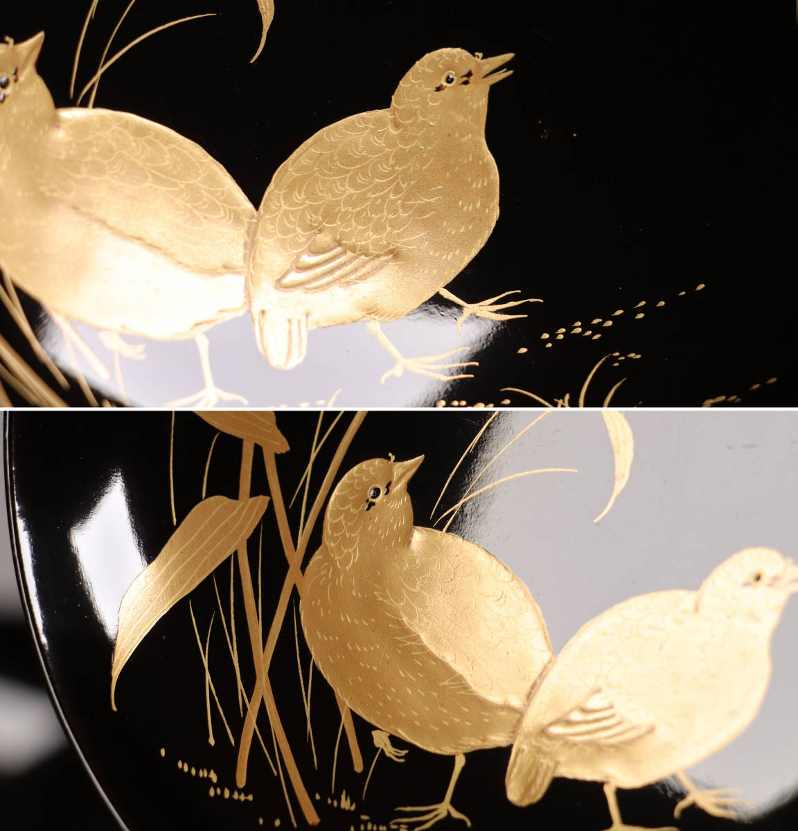 CG37 明治期 時代輪島塗 花蝶鶉金蒔絵 黒塗吸物椀 二客 木製漆器 CG37 明治期 時代輪島塗 花蝶鶉金蒔絵 黒塗吸物椀 二客 木製漆器