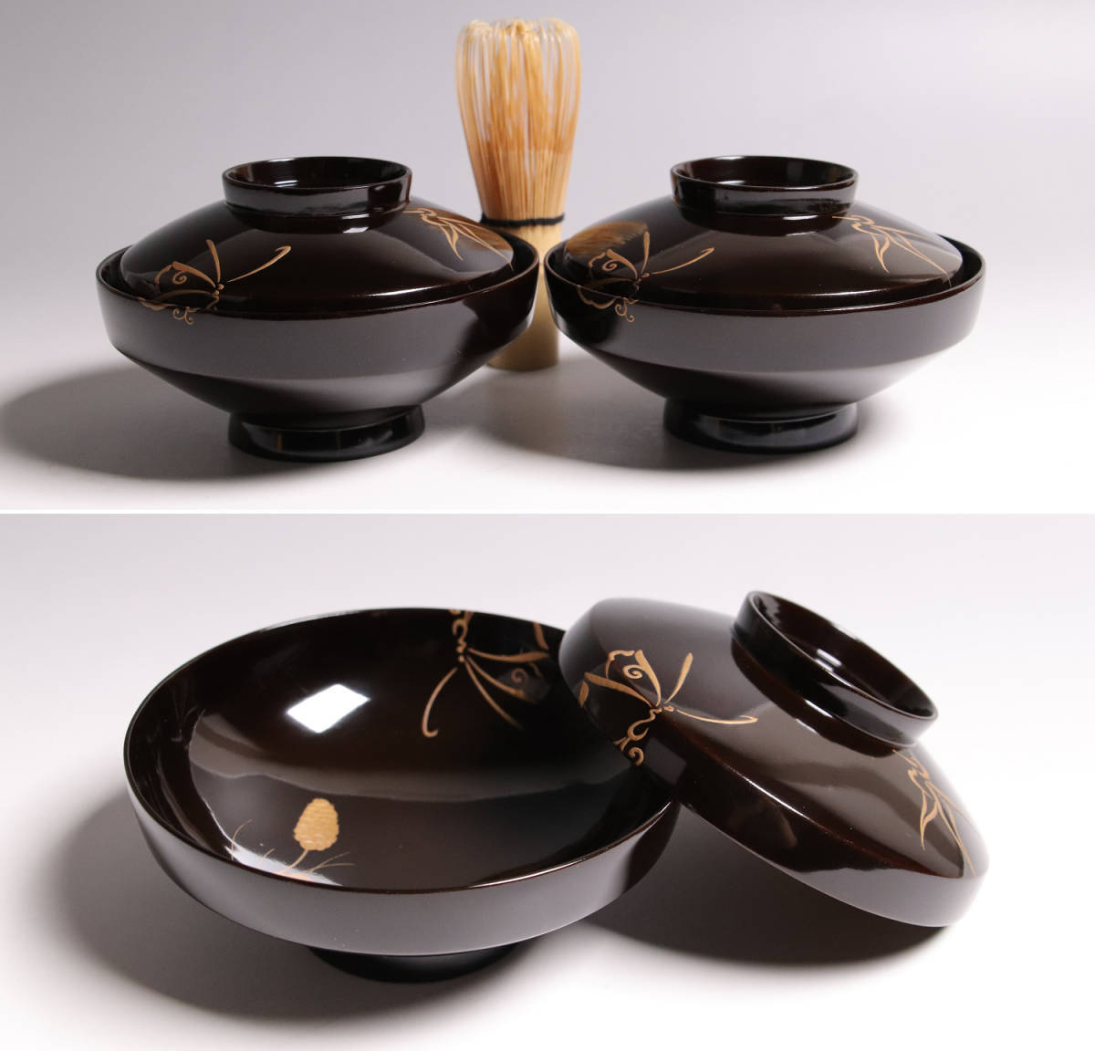 CG37 明治期 時代輪島塗 花蝶鶉金蒔絵 黒塗吸物椀 二客 木製漆器 CG37 明治期 時代輪島塗 花蝶鶉金蒔絵 黒塗吸物椀 二客 木製漆器