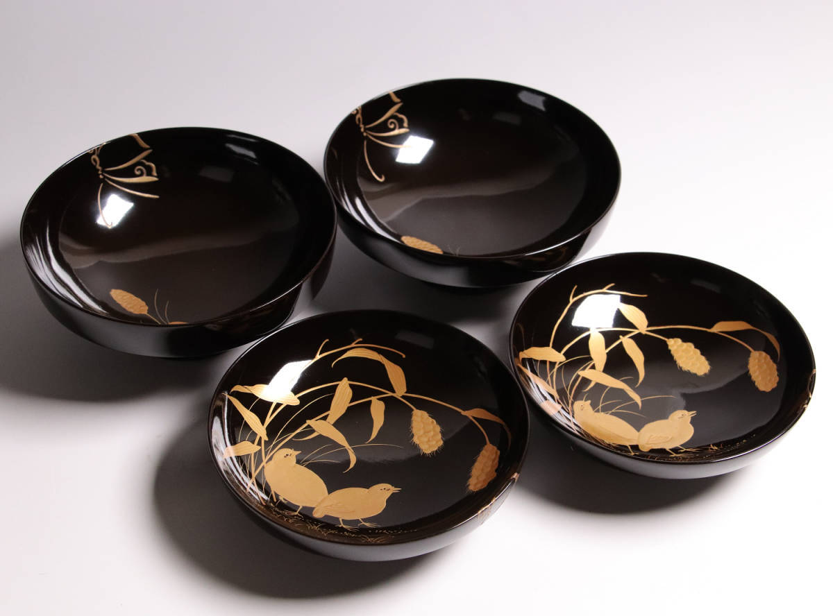 CG37 明治期 時代輪島塗 花蝶鶉金蒔絵 黒塗吸物椀 二客 木製漆器 CG37 明治期 時代輪島塗 花蝶鶉金蒔絵 黒塗吸物椀 二客 木製漆器