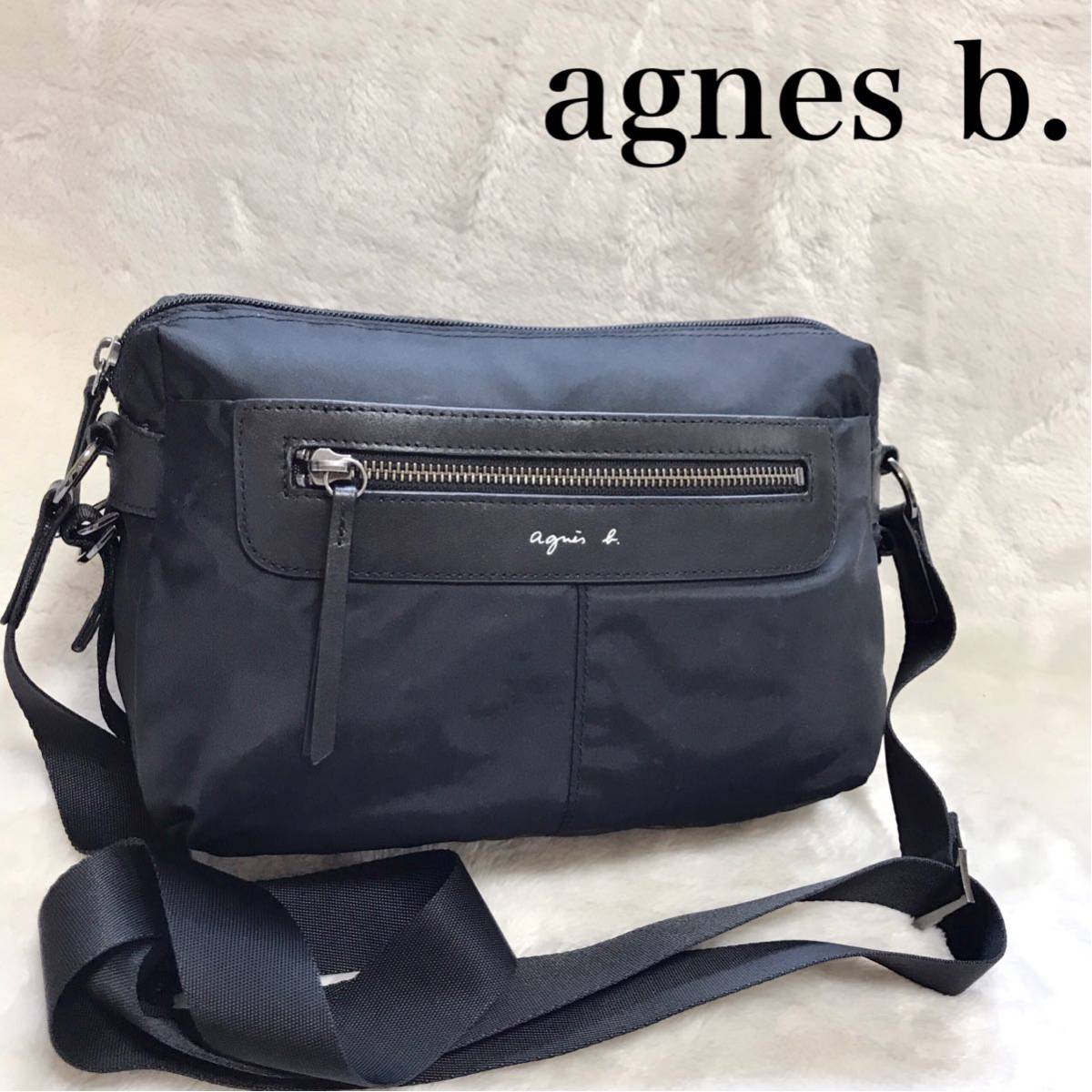 美品 agnes b アニエスベー レザー 切り替 スクエア ショルダーバッグ