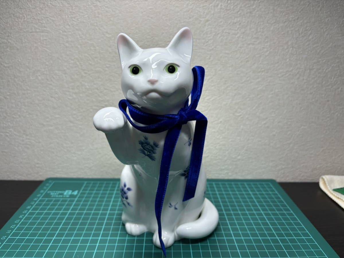 ノリタケ　招き猫 　青い花　ネコ　Noritake_画像1