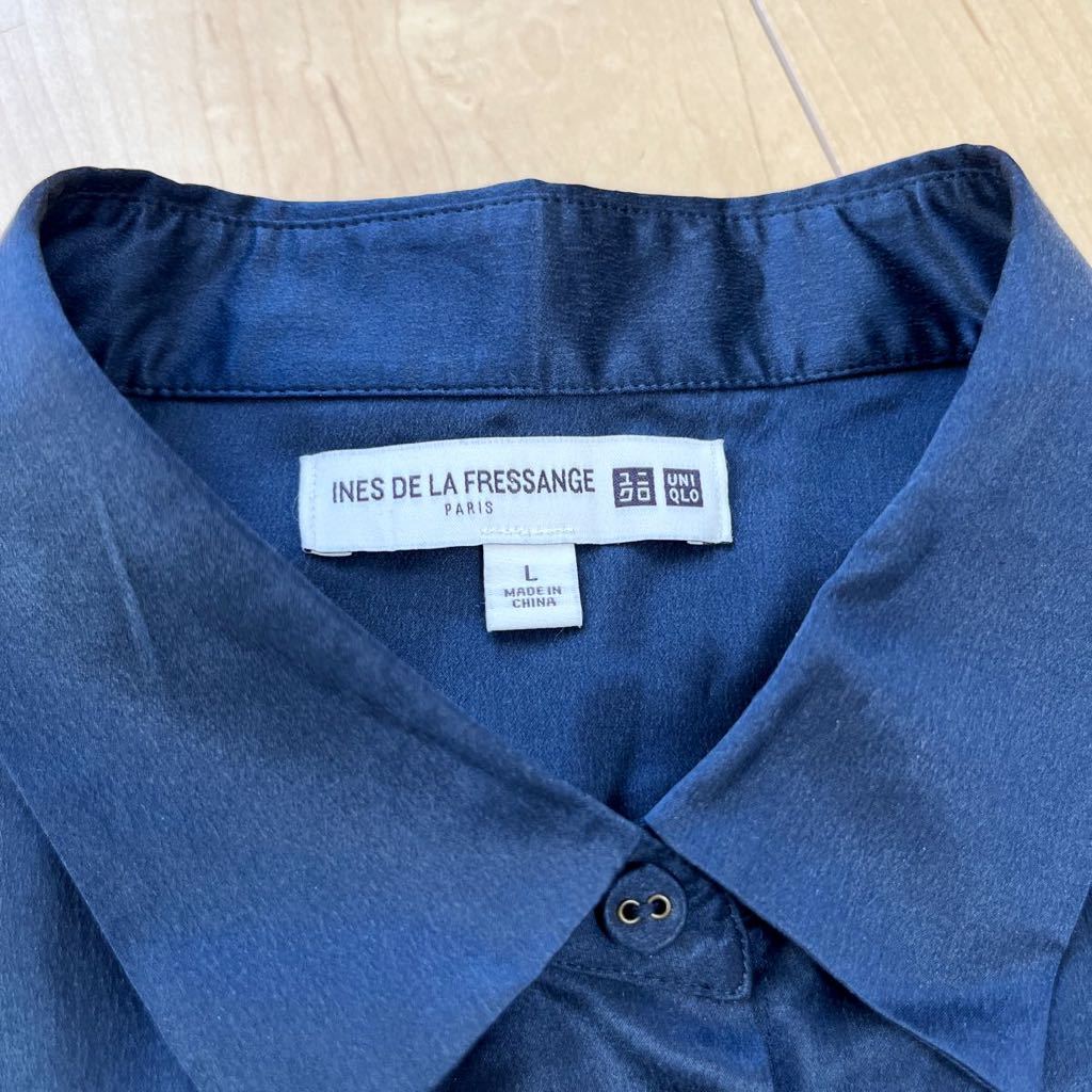 美品　ユニクロ　イネス　シルク　ブラウス　Lサイズ 長袖 ネイビー 長袖シャツ 絹　シルク100% 紺色　UNIQLO INES レディース_画像7