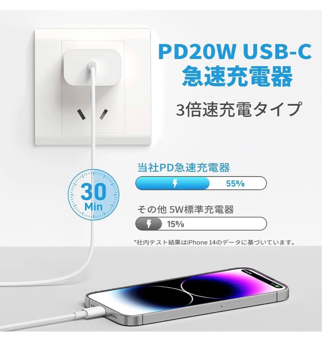 iPhone 15充電器 20W USB C PD 急速充電器 [2個セット/Apple MFi&PSE認定] 2M USB C Lightningケーブル一本付き