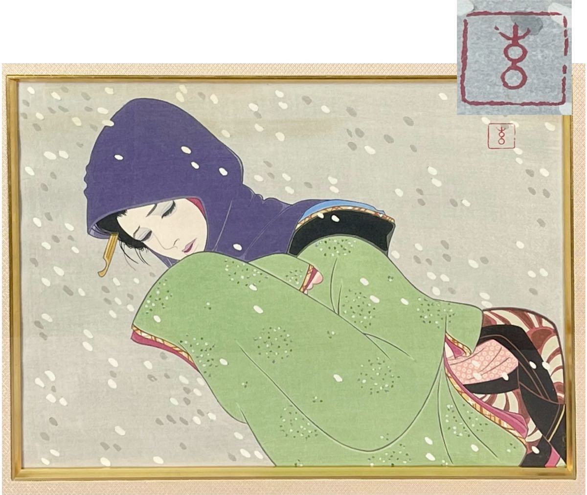 お買い得!】 【真作】 岩田専太郎 「ささめ雪」 木版画 美人名作撰