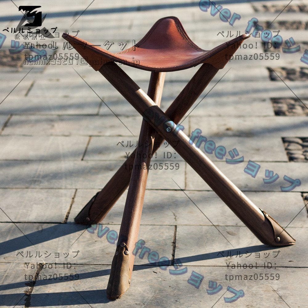 美品 高級 大型ハンティングチェア 木製 牛本革 スツール イス 三脚 椅子 折り畳み アウトドア キャンプ