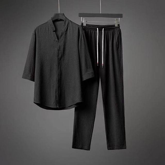 夏 Tシャツ ロングパンツ パンツ メンズ ルームウェア 部屋着 涼しいセットアップ 上下セット ブラック 2XL_画像1