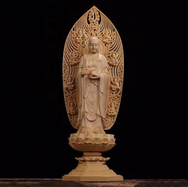 仏教美術　極美精品　黄楊木　地蔵王菩薩　木製彫刻　手彫り　桧木（ヒノキ）仏像