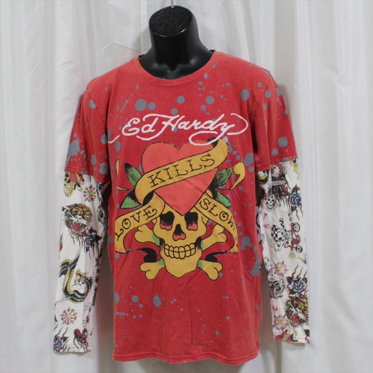 エドハーディー ed hardy メンズダブルスリーブＴシャツ 長袖 LOVE KILLS SLOWLY M03VDS052 ロンティー レッド Lサイズ_画像1