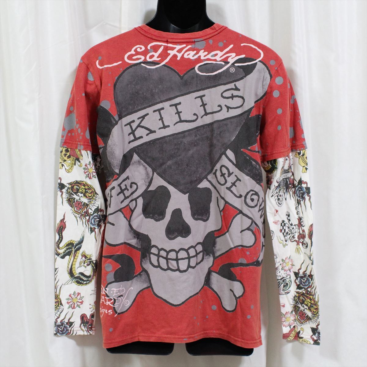 エドハーディー ed hardy メンズダブルスリーブＴシャツ 長袖 LOVE KILLS SLOWLY M03VDS052 ロンティー レッド Lサイズ_画像5