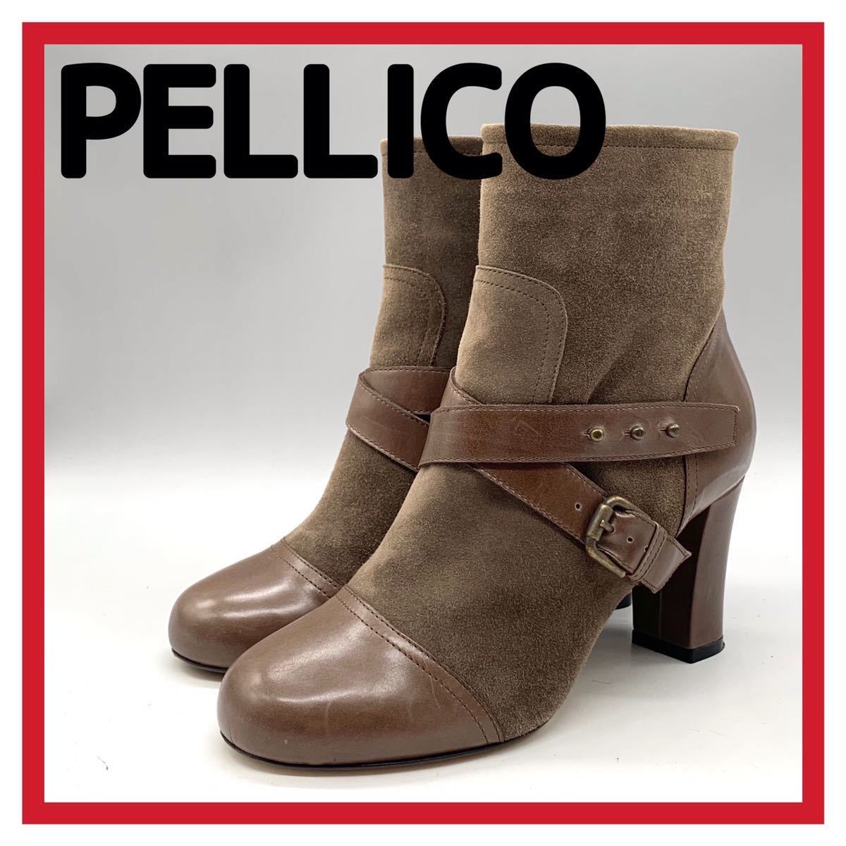 レディース PELLICO (ペリーコ) ブーツ ショートブーツ サイドジップ 太ヒール スエード レザー ブラウン 36 23cm シューズ イタリア製