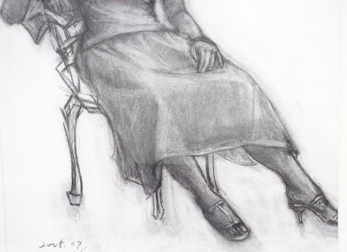 ju11■送料無料◆作者不明◆デッサン◆椅子に座った女性◆鉛筆画◆人物画◆額のサイズ69cm×88cm◆絵画◆インテリア_画像4